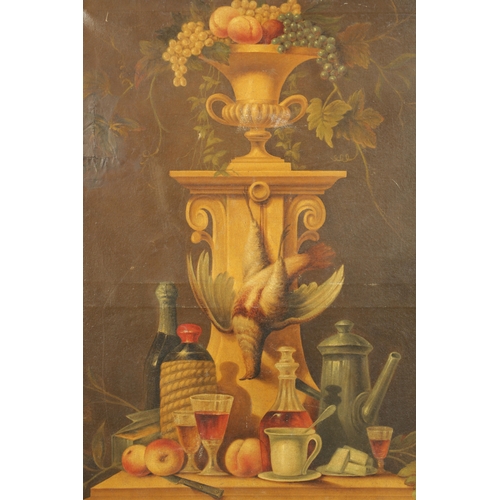 221 - A 19TH CENTURY OIL ON CANVAS depicting a still life of game, wine bottles and fruit (122cm high 88cm... 