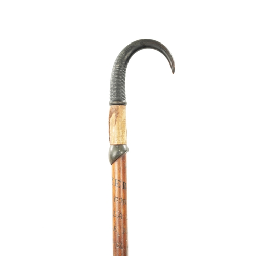 229 - A LATE 19TH CENTURY AUSTRIAN TYROL HIKING WALKING STICK with goats horn handle and inscribed wooden ... 