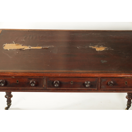 23 - A WILLIAM IV MAHOGANY LIBRARY TABLE OF SMALL SIZE the leathered top above fitted frieze drawers; rai... 