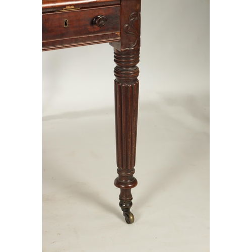 23 - A WILLIAM IV MAHOGANY LIBRARY TABLE OF SMALL SIZE the leathered top above fitted frieze drawers; rai... 