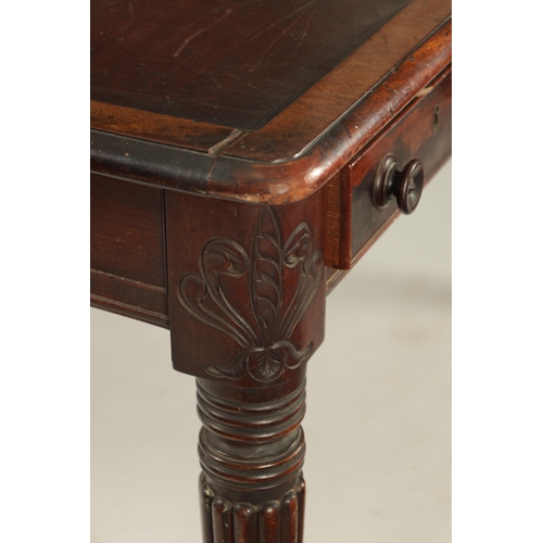 23 - A WILLIAM IV MAHOGANY LIBRARY TABLE OF SMALL SIZE the leathered top above fitted frieze drawers; rai... 