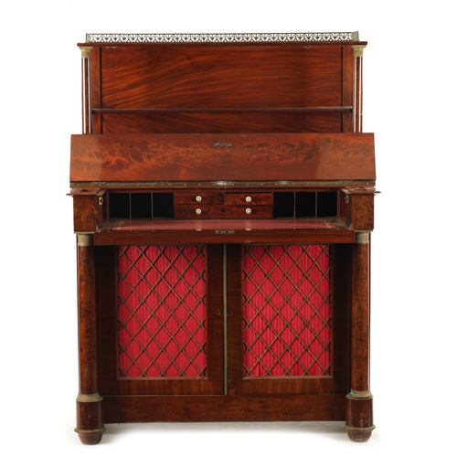 237 - A GOOD REGENCY FRENCH EMPIRE FIGURED MAHOGANY SECRETAIRE SIDE CABINET with raised open shelf superst... 