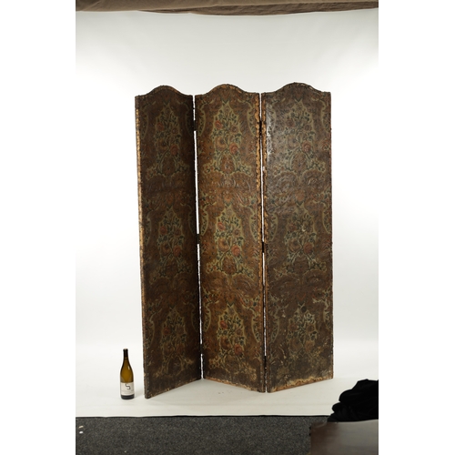 240 - A 19TH CENTURY EMBOSSED LEATHER FOLDING SCREEN (AF) (180cm high 147cm wide overall)