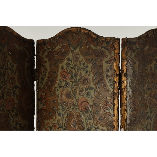 240 - A 19TH CENTURY EMBOSSED LEATHER FOLDING SCREEN (AF) (180cm high 147cm wide overall)