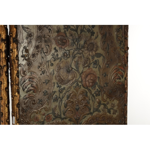 240 - A 19TH CENTURY EMBOSSED LEATHER FOLDING SCREEN (AF) (180cm high 147cm wide overall)