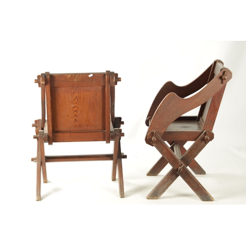 243 - A PAIR OF LATE 18TH CENTURY PITCH PINE GLASTONBURY CHAIRS with x frame supports. (65cm wide 87cm hig... 