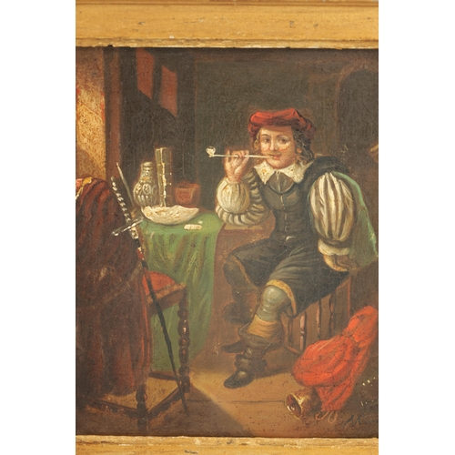 252 - AFTER TENIERS. A SMALL PAIR OF 19TH CENTURY OIL ON PANELS depiciting figures in interior scenes - gi... 