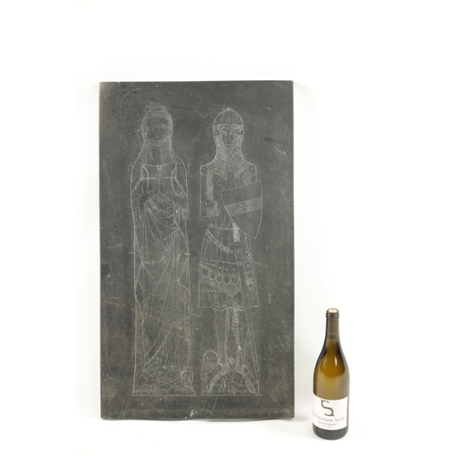 262 - AN ANTIQUE ENGRAVED SLATE PANEL depicting a knight and lady (76cm high 43.5cm wide)