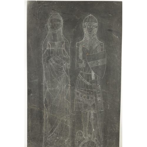 262 - AN ANTIQUE ENGRAVED SLATE PANEL depicting a knight and lady (76cm high 43.5cm wide)