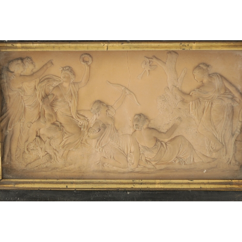 263 - A 19TH CENTURY TERRACOTTA RECTANGULAR PLAQUE depicting a classical figural scene - in a glazed eboni... 