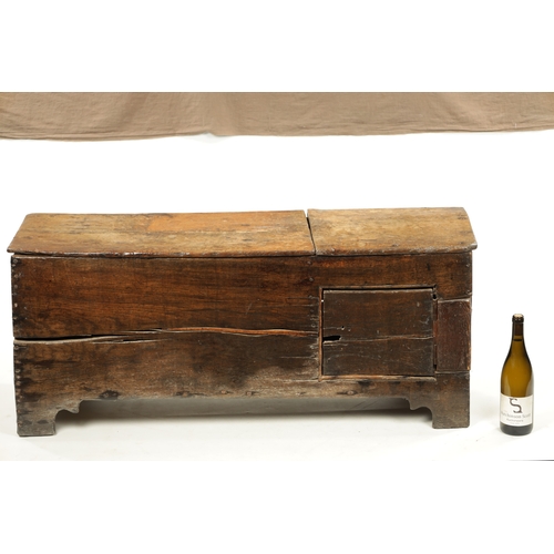 268 - A RARE 17TH-CENTURY BOARDED OAK COFFER with unusual compartmented sections, one half with a lift-up ... 