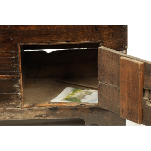 268 - A RARE 17TH-CENTURY BOARDED OAK COFFER with unusual compartmented sections, one half with a lift-up ... 