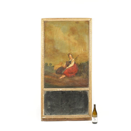 269 - AN EARLY 19TH CENTURY GILT GESSO PIER MIRROR with oil on canvas top panel depicting a shepherdess wi... 