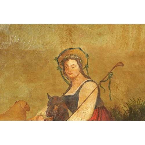 269 - AN EARLY 19TH CENTURY GILT GESSO PIER MIRROR with oil on canvas top panel depicting a shepherdess wi... 