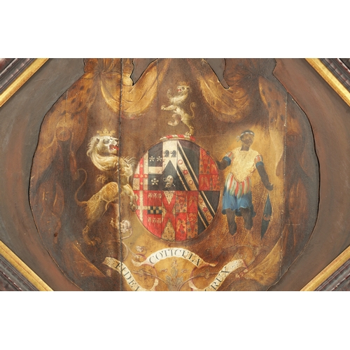 27 - A 19TH CENTURY PAINTED AND FRAMED HATCHMENT DEPICTING ZW WARRIOR ETC. (75cm square)