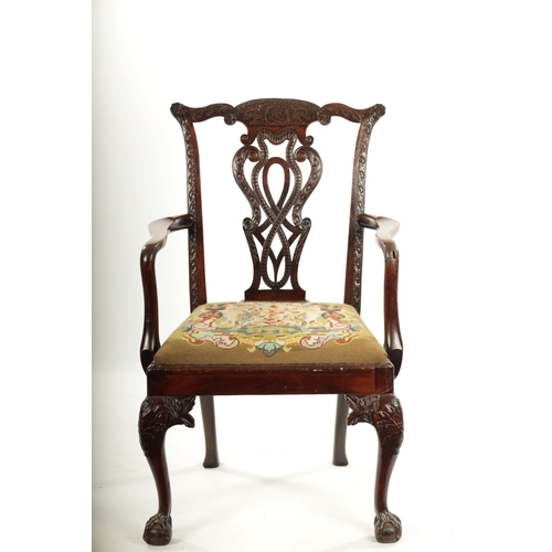 271 - A FINE 18TH CENTURY CHIPPENDALE STYLE MAHOGANY ARMCHAIR with carved pierced back splat, tapestry dro... 