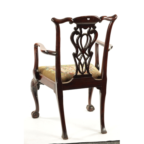 271 - A FINE 18TH CENTURY CHIPPENDALE STYLE MAHOGANY ARMCHAIR with carved pierced back splat, tapestry dro... 