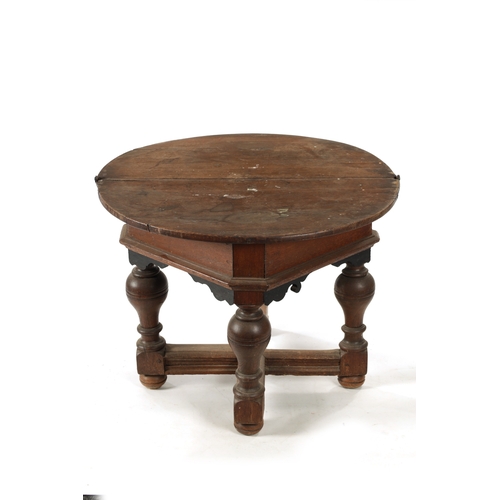 272 - A LATE 17TH CENTURY OAK CREDENCE TABLE with hinged top raised on bulbous turned legs and bottom stre... 