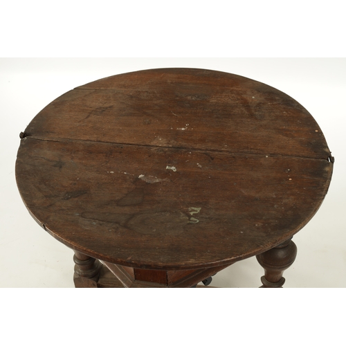 272 - A LATE 17TH CENTURY OAK CREDENCE TABLE with hinged top raised on bulbous turned legs and bottom stre... 