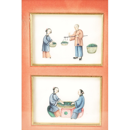 274 - A SET OF FOUR CHINESE RICE PAPER WATERCOLOURS depicting figures - mounted in later glazed frames (10... 