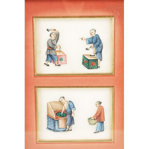 274 - A SET OF FOUR CHINESE RICE PAPER WATERCOLOURS depicting figures - mounted in later glazed frames (10... 