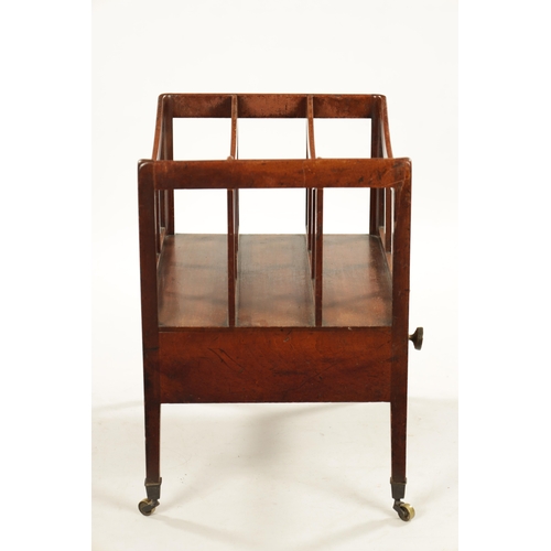 275 - A REGENCY MAHOGANY THREE DIVISION CANTERBURY with fitted drawer; raised on tapering legs. (45cm wide... 