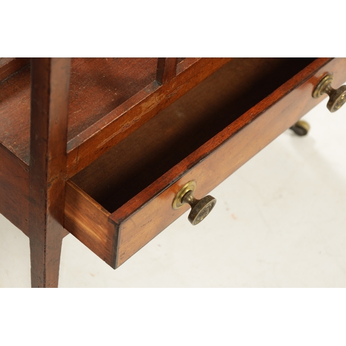 275 - A REGENCY MAHOGANY THREE DIVISION CANTERBURY with fitted drawer; raised on tapering legs. (45cm wide... 