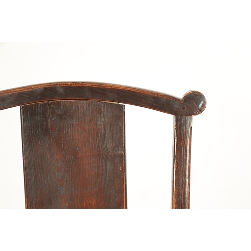 276 - AN 18TH CENTURY PRIMITIVE ASH AND ELM COUNTRY ARMCHAIR with solid shaped back splat and plank seat. ... 