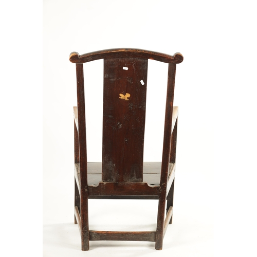 276 - AN 18TH CENTURY PRIMITIVE ASH AND ELM COUNTRY ARMCHAIR with solid shaped back splat and plank seat. ... 