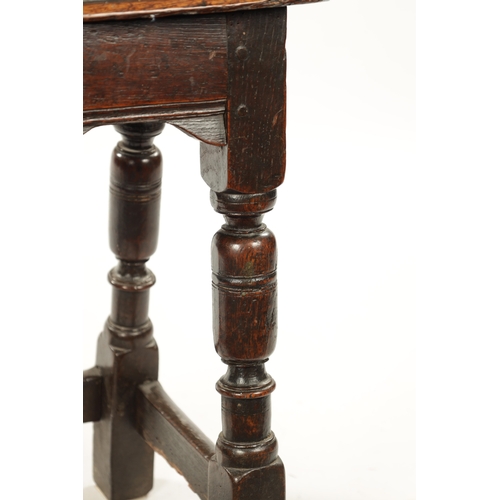 277 - A 17TH CENTURY OAK JOINT STOOL with pegged top raised on ring turned leg supports (47cm wide 27cm de... 