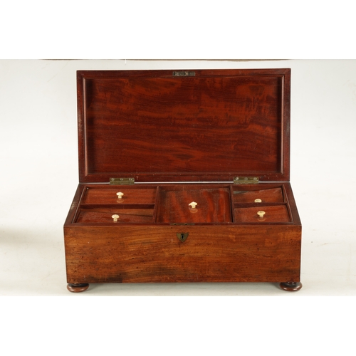 280 - A 19TH CENTURY FIGURED MAHOGANY TEA CADDY WITH FIVE LIDDED INTERNAL COMPARTMENTS having turned bone ... 