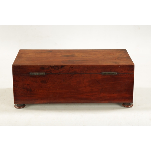 280 - A 19TH CENTURY FIGURED MAHOGANY TEA CADDY WITH FIVE LIDDED INTERNAL COMPARTMENTS having turned bone ... 