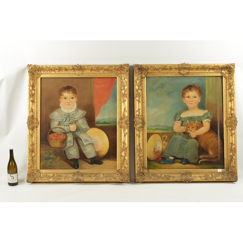 283 - I.B.EATON, A FINE PAIR OF 19TH CENTURY NAIVE SCHOOL FULL LENGTH PORTRAITS OF CHILDREN depicting brot... 