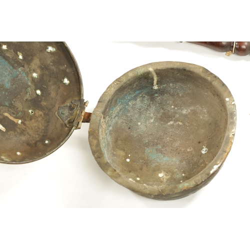 284 - A 17TH CENTURY BRASS WARMING PAN AND AN 18TH CENTURY BRASS PIERCED WARMING PAN one with an iron hand... 