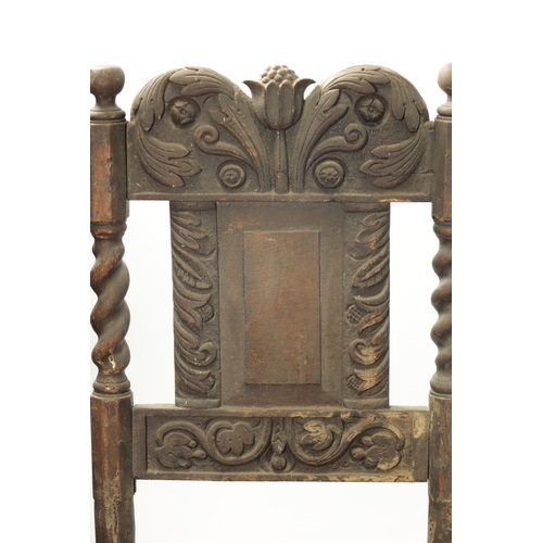 285 - A RARE SET OF FOUR 17TH CENTURY CARVED OAK SIDE CHAIRS with barley twist supports and stretchers (50... 