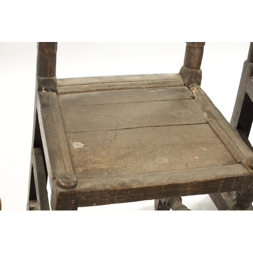 285 - A RARE SET OF FOUR 17TH CENTURY CARVED OAK SIDE CHAIRS with barley twist supports and stretchers (50... 