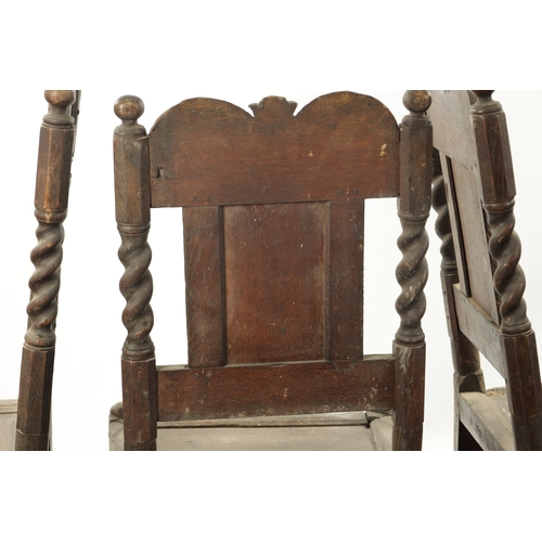 285 - A RARE SET OF FOUR 17TH CENTURY CARVED OAK SIDE CHAIRS with barley twist supports and stretchers (50... 