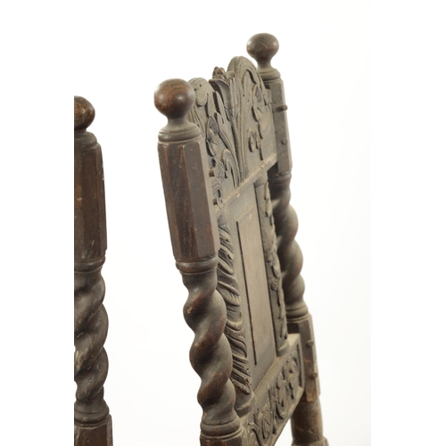 285 - A RARE SET OF FOUR 17TH CENTURY CARVED OAK SIDE CHAIRS with barley twist supports and stretchers (50... 