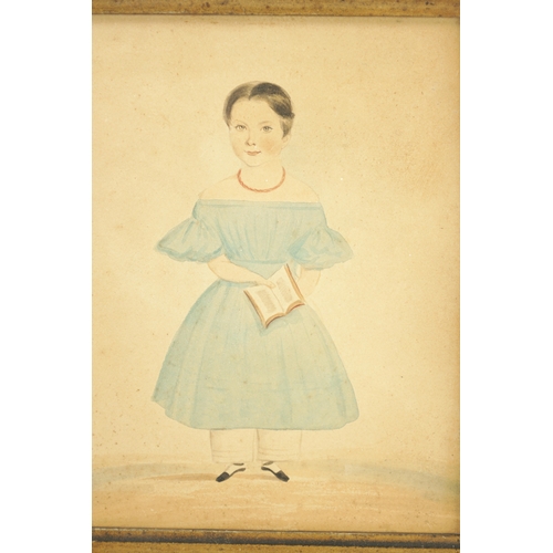 286 - A REGENCY NAÏVE WATERCOLOUR STANDING PORTRAIT OF A CHILD in a Rosewood frame (15cm high 13cm wide)