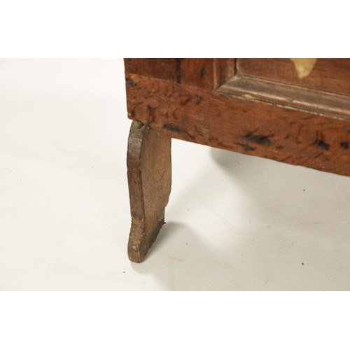 288 - A RARE 16TH / 17TH CENTURY OAK IRON BOUND STRONG BOX / PLANK COFFER with unusual triple lock panelle... 