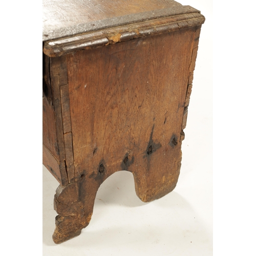 288 - A RARE 16TH / 17TH CENTURY OAK IRON BOUND STRONG BOX / PLANK COFFER with unusual triple lock panelle... 