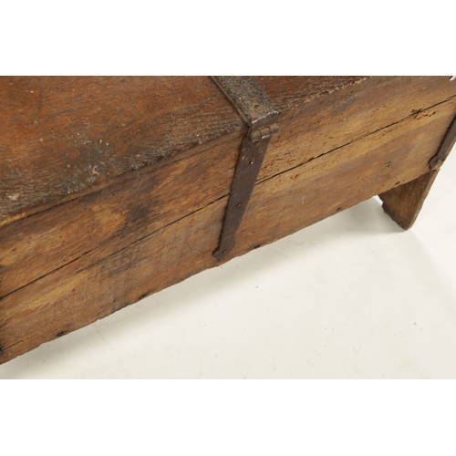 288 - A RARE 16TH / 17TH CENTURY OAK IRON BOUND STRONG BOX / PLANK COFFER with unusual triple lock panelle... 