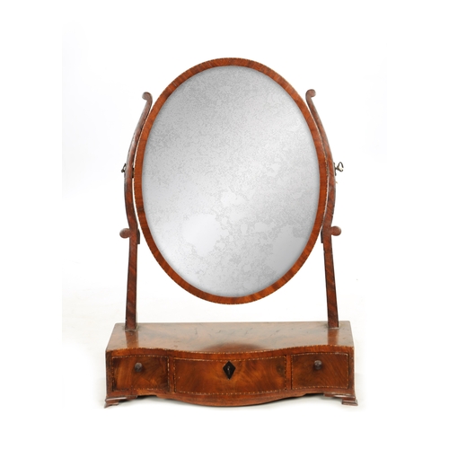 29 - A GEORGE III MAHOGANY SERPENTINE DRESSING TABLE MIRROR with oval adjustable mirror above three friez... 