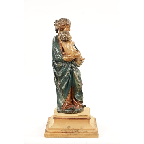 291 - AN EARLY 18TH CENTURY POLYCHROME CARVING OF MADONNA AND CHILD mounted on a square moulded canvas bas... 