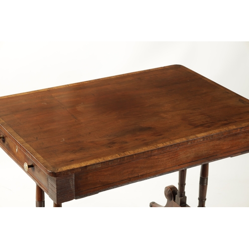 293 - AN UNUSUAL REGENCY MAHOGANY LIBRARY TABLE with fitted drawer; raised on ring turned base with splaye... 