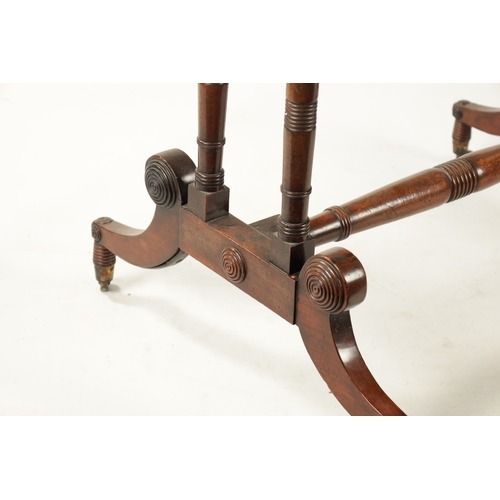 293 - AN UNUSUAL REGENCY MAHOGANY LIBRARY TABLE with fitted drawer; raised on ring turned base with splaye... 