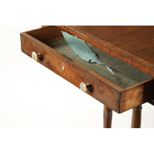 293 - AN UNUSUAL REGENCY MAHOGANY LIBRARY TABLE with fitted drawer; raised on ring turned base with splaye... 