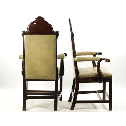 295 - AN IMPORTANT PAIR OF GEORGE III CHIPPENDALE MASONIC OVER-SIZED ARMCHAIRS with green studded leather ... 