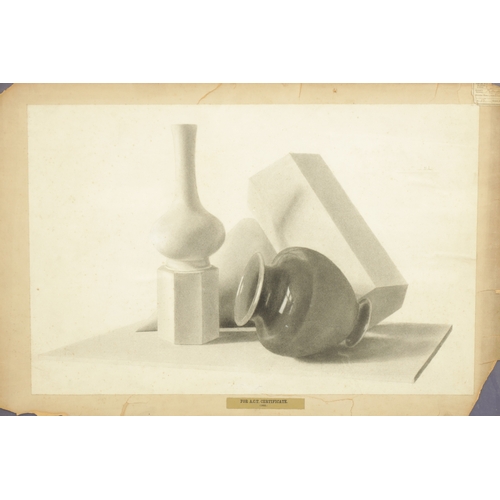 296 - AN EARLY 20TH CENTURY ART SCHOOL STILL LIFE PENCIL SKETCH of vases bearing labels and initialed - gl... 