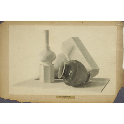 296 - AN EARLY 20TH CENTURY ART SCHOOL STILL LIFE PENCIL SKETCH of vases bearing labels and initialed - gl... 